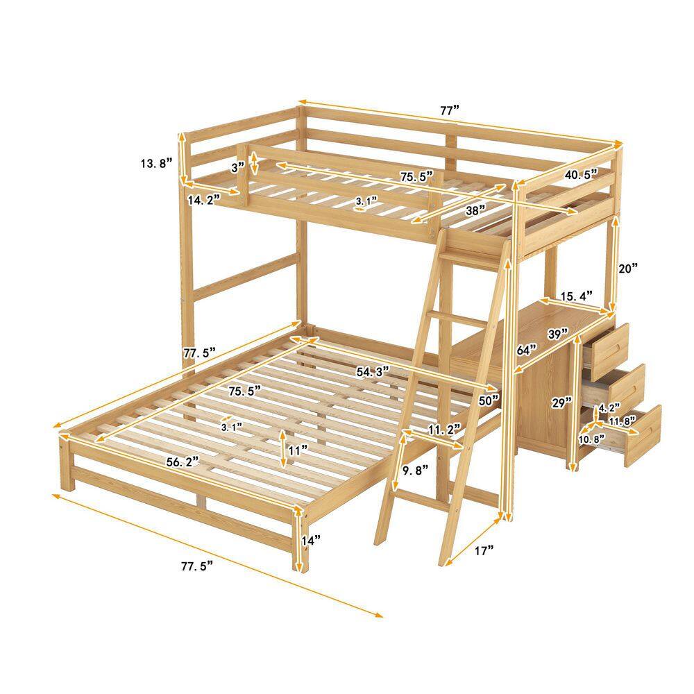 None Natural Wood Twin Over Full Bunk Bed with Desk and 3-Drawers Detachable Wood Kids Bunk Bed Frame with Inclined Ladder