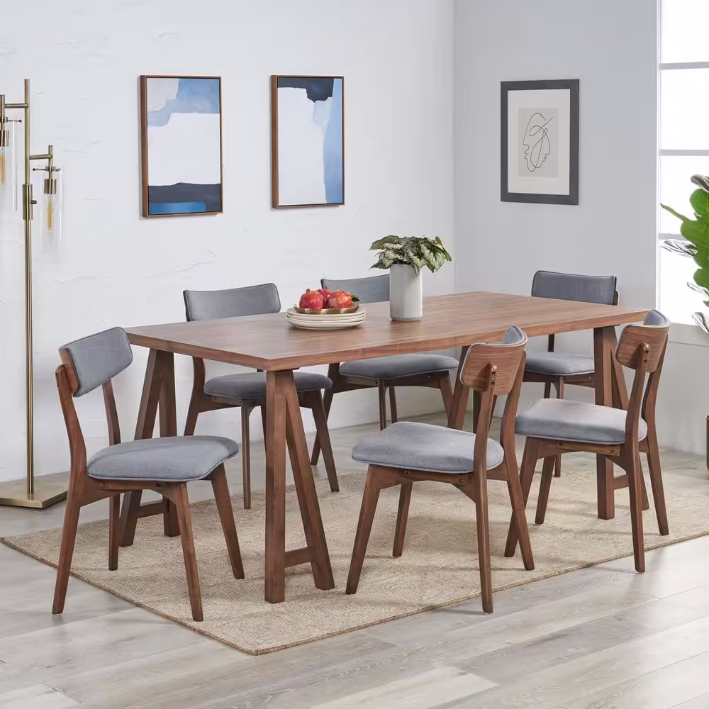 Noble House Chazz 7-Piece Rectangle Wood Top Dark Grey and Walnut Standard Height Table Set