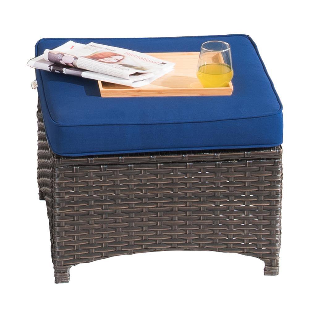 XIZZI Erie Lake Brown 8-Piece Wicker Patio Conversation Seating Sofa Set with Navy Blue Cushions and Swivel Rocking Chairs