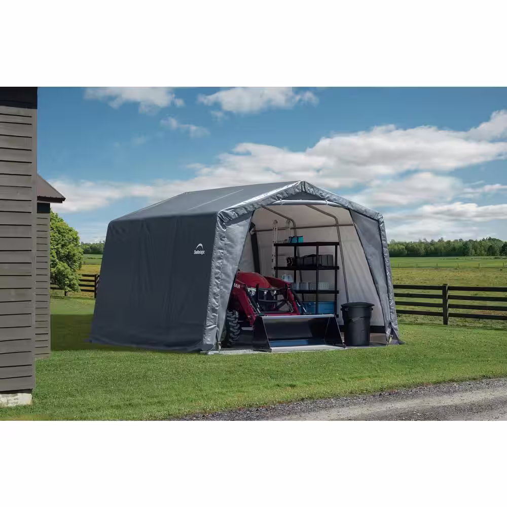 ShelterLogic 12 ft. W x 9.5 ft. H x 12 ft. D Grey Peak Style Shed-in-a-Box XT with Steel Frame and Patented Stabilizers