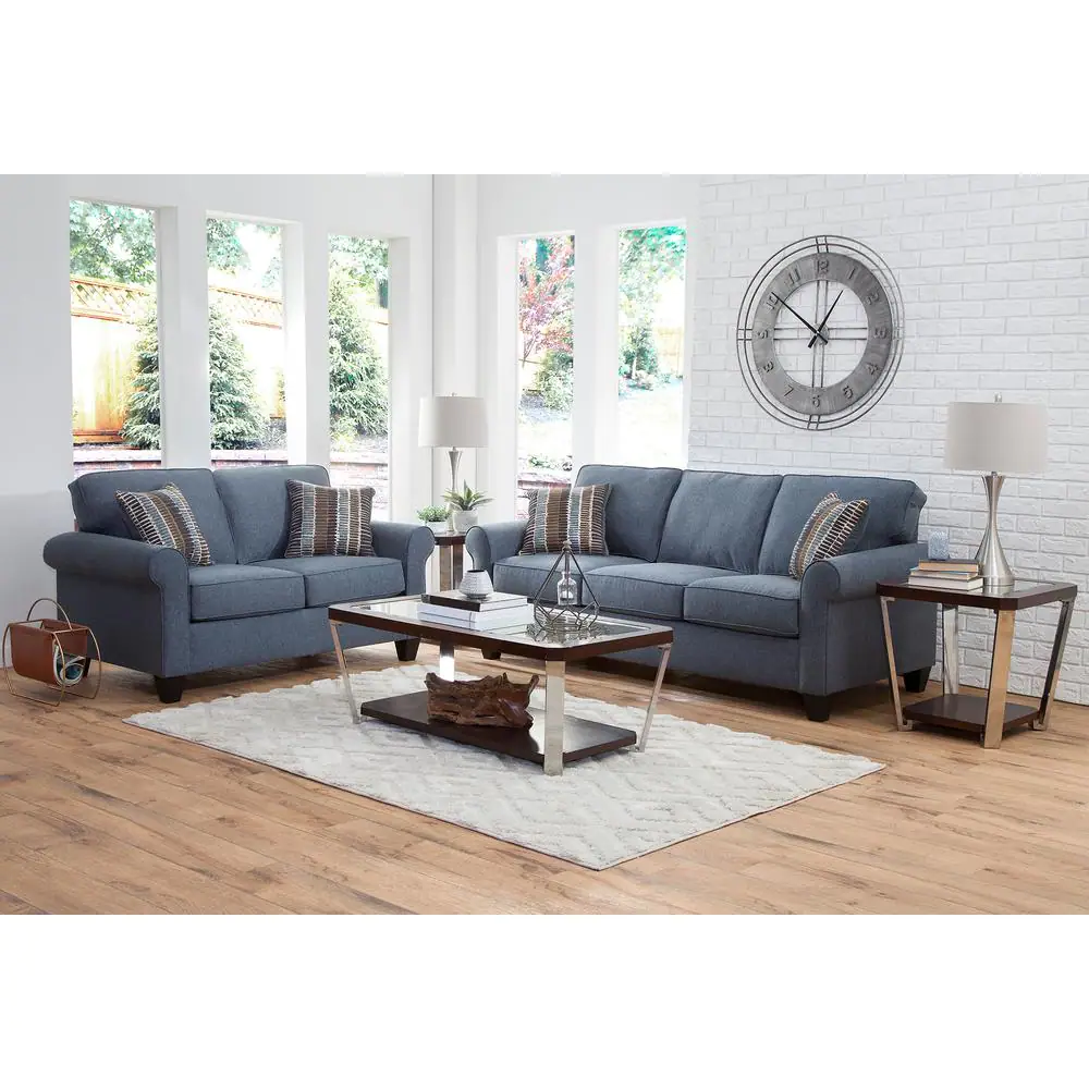 American Furniture Classics Indigo Series 82 in. Wide Rolled Arm Fabric Straight Sofa with 2 Accent Pillows in Indigo Blue