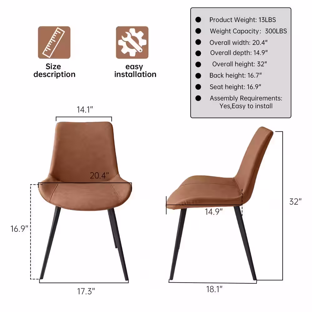 None Brown Faux Leather Upholstered Modern Style Dining Chair with Carbon Steel Legs (Set of 4)