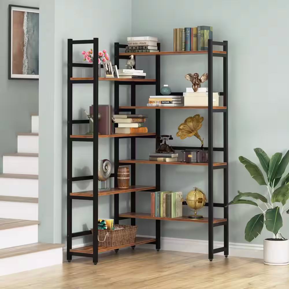 None Eulas 70.8 in. Rustic Brown 8 shelf Industrial L-Shaped Corner Bookcase with Open Back for Home Office