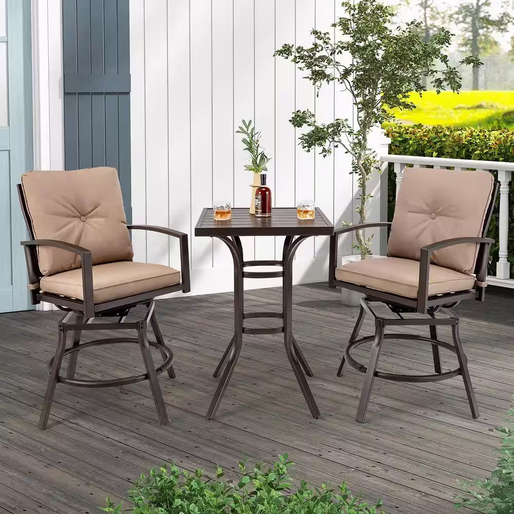 Costway 3-Piece Metal Outdoor Bistro Set Swivel Bar Height Table Stools Patio Furniture with Beige Cushions