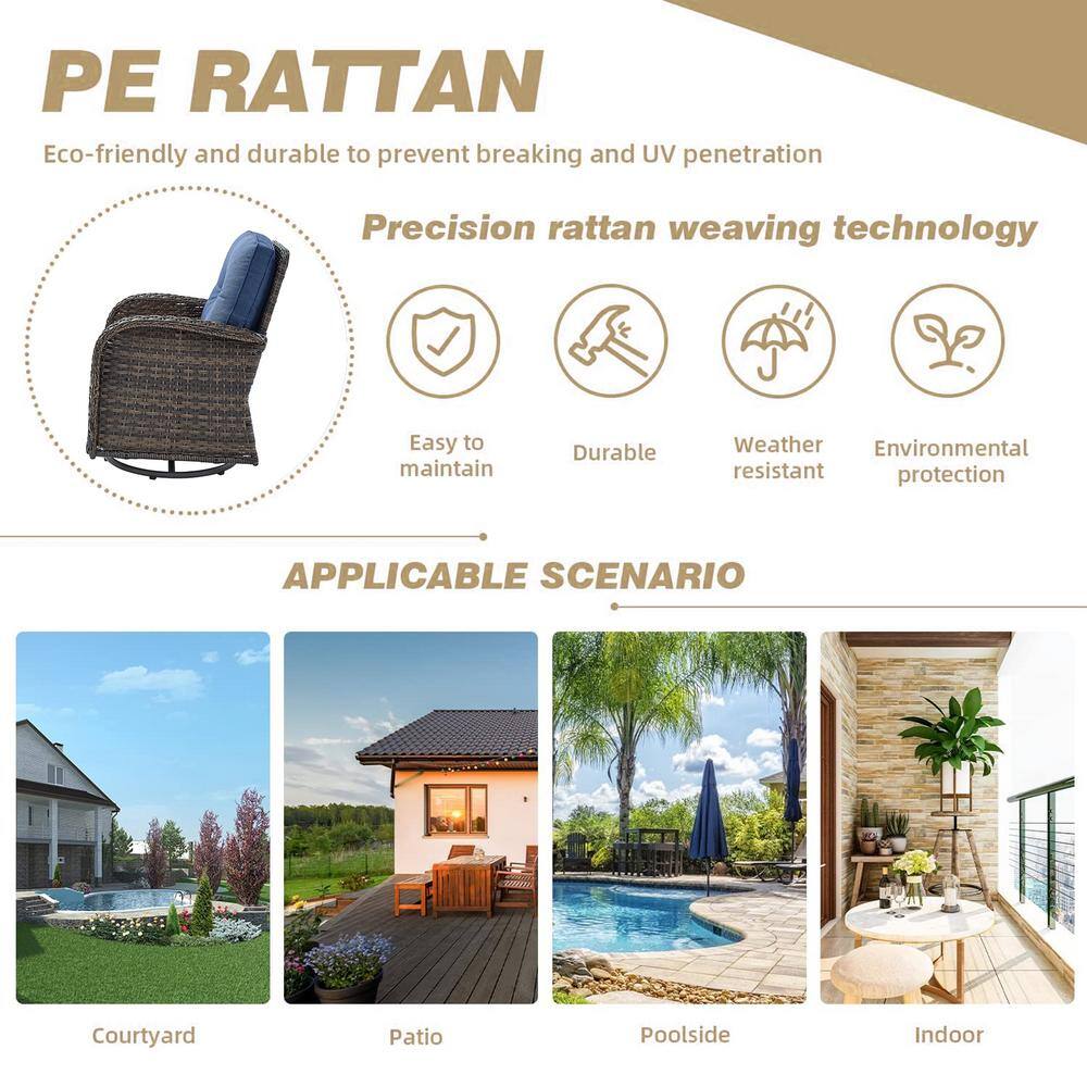 Pocassy Brown 3-Piece Wicker Patio Conversation Set with Blue Cushions and Coffee Table All-Weather Swivel Rocking Chairs