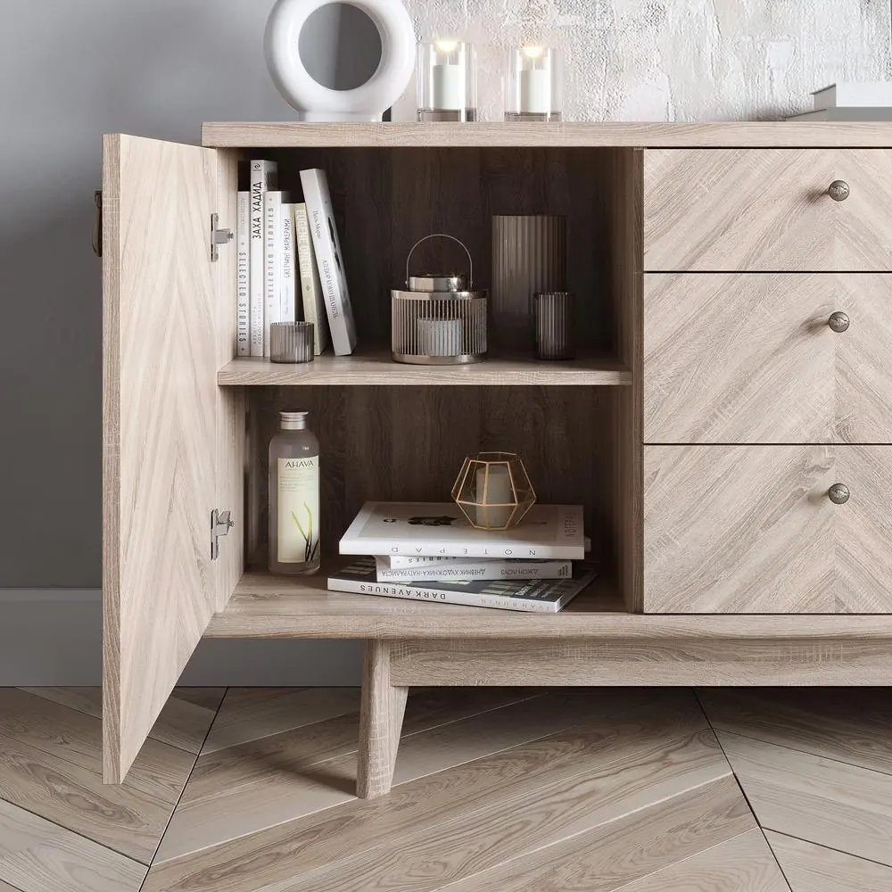 None Scandi Beige Herringbone style Sideboard with 3-Drawers