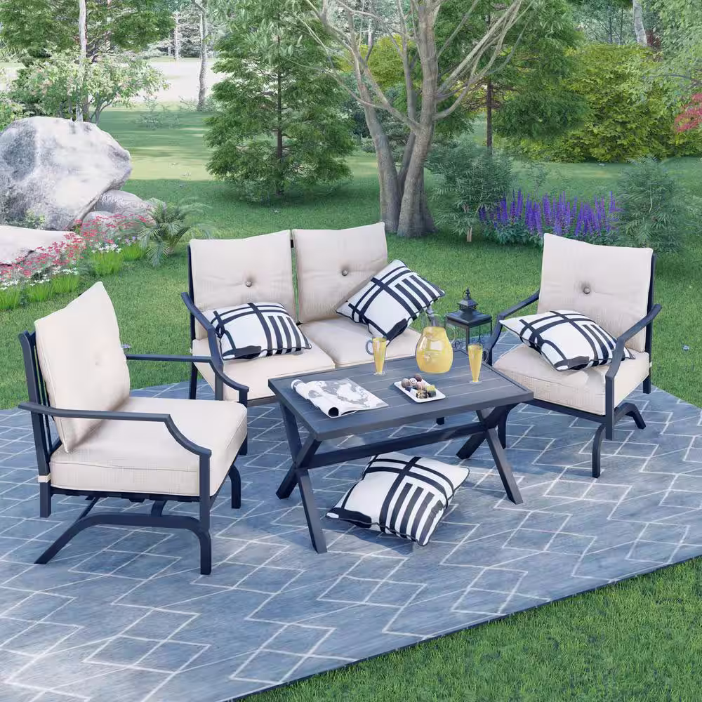 TOP HOME SPACE 4-Piece Metal Patio Conversation Set with Beige Cushions
