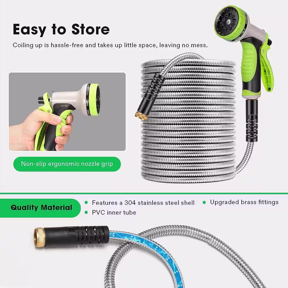VIVOGROW 0.4 in. Dia. x 50 ft. Stainless Steel Water Hose with Brass Fittings and 10 Function Nozzle