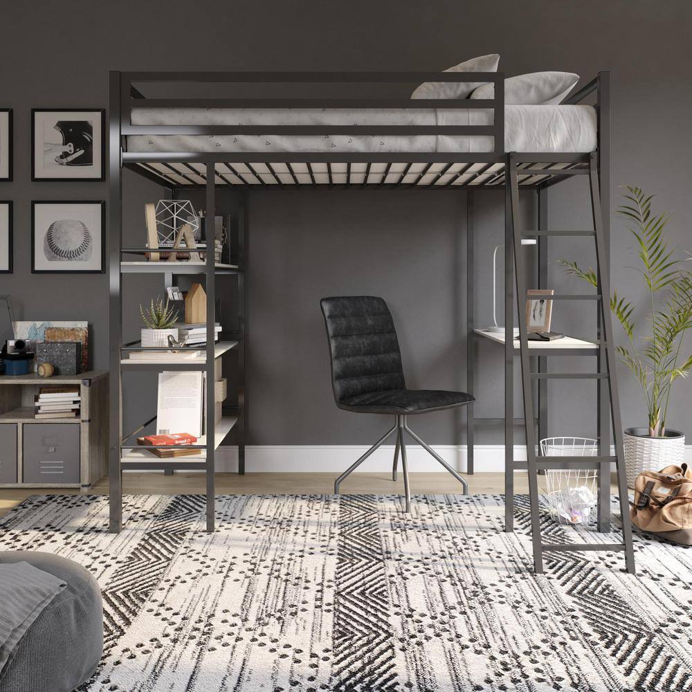 Little Seeds Nova Gunmetal Gray Metal Twin Loft Bed with Shelves