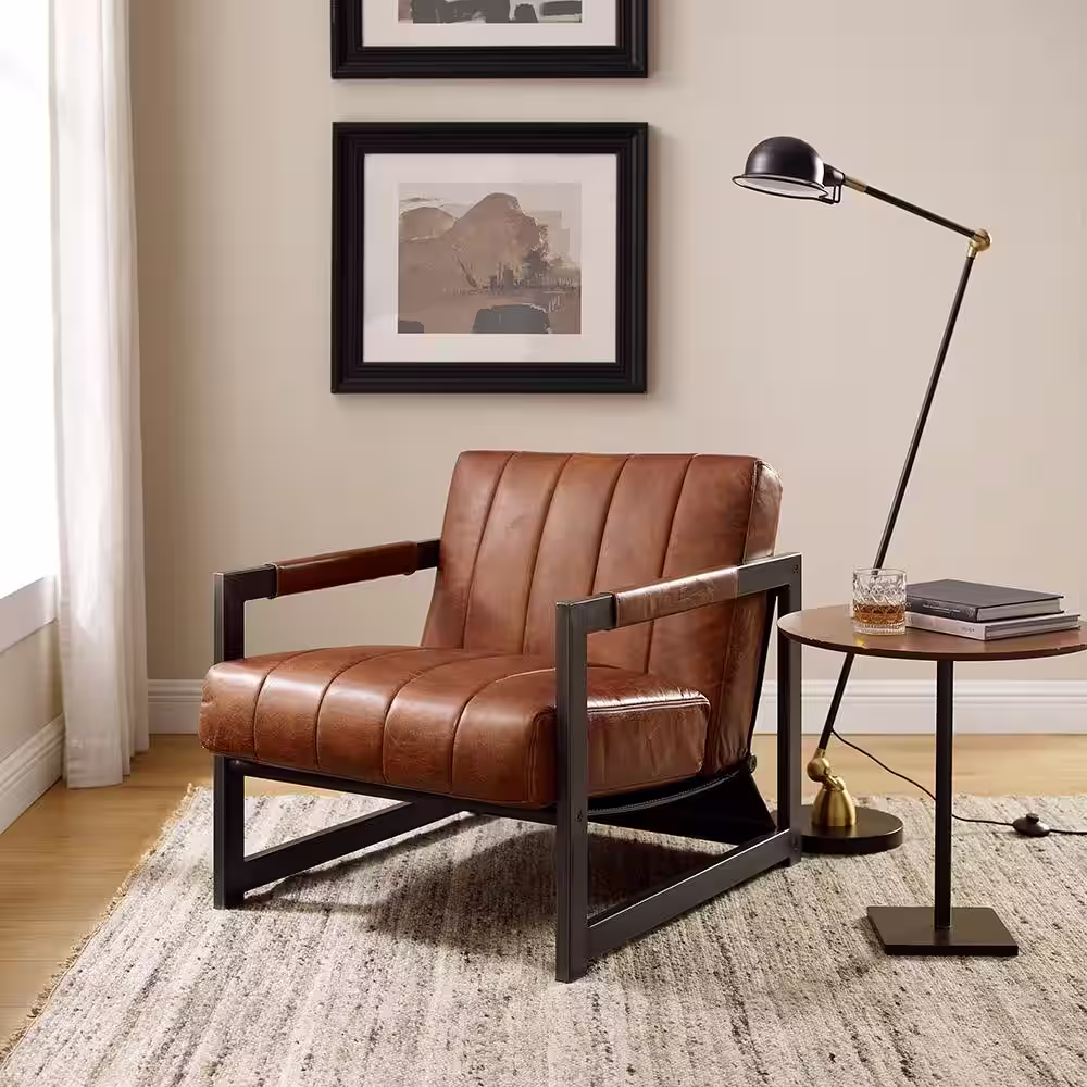 None Top Leather Cognac Genuine Leather Accent Arm Chair with Black Metal Frame