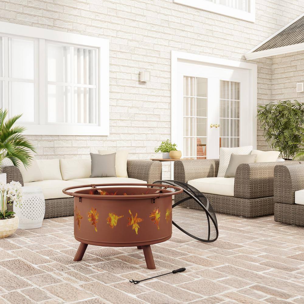 Pure Garden 32 in. W x 25 in. H Round Steel Wood Burning Outdoor Deep Fire Pit in Rugged Rust with Leaf Cutouts