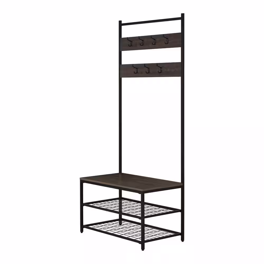 StyleWell Black Metal and Walnut Wood Seat Hall Tree