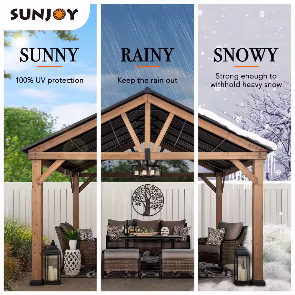Sunjoy Apollo 11 ft. x 13 ft. Cedar Framed Gazebo with Brown Steel Gable Roof Hardtop