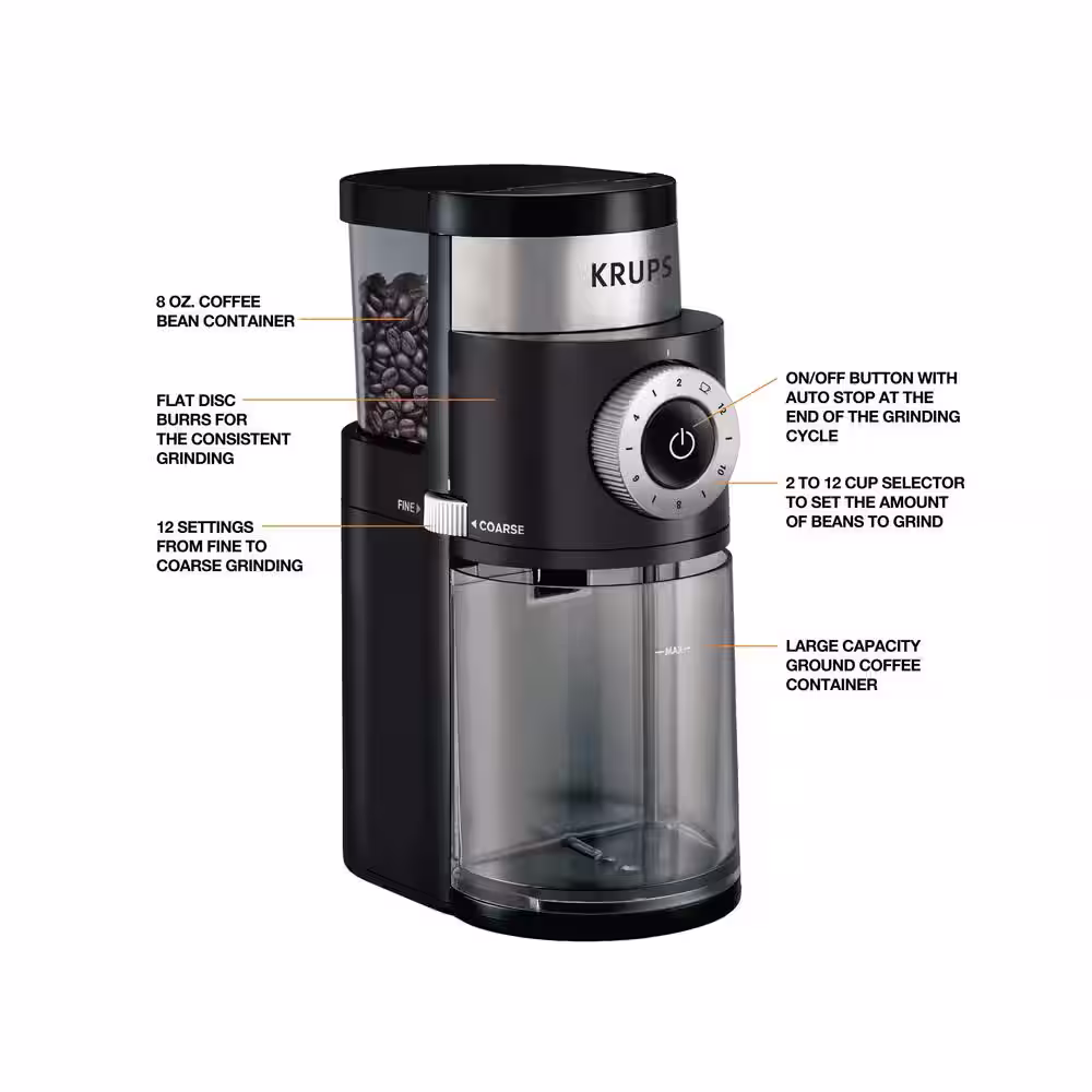 Krups 8 oz. Black Precise Burr Coffee Grinder with Programmable Settings