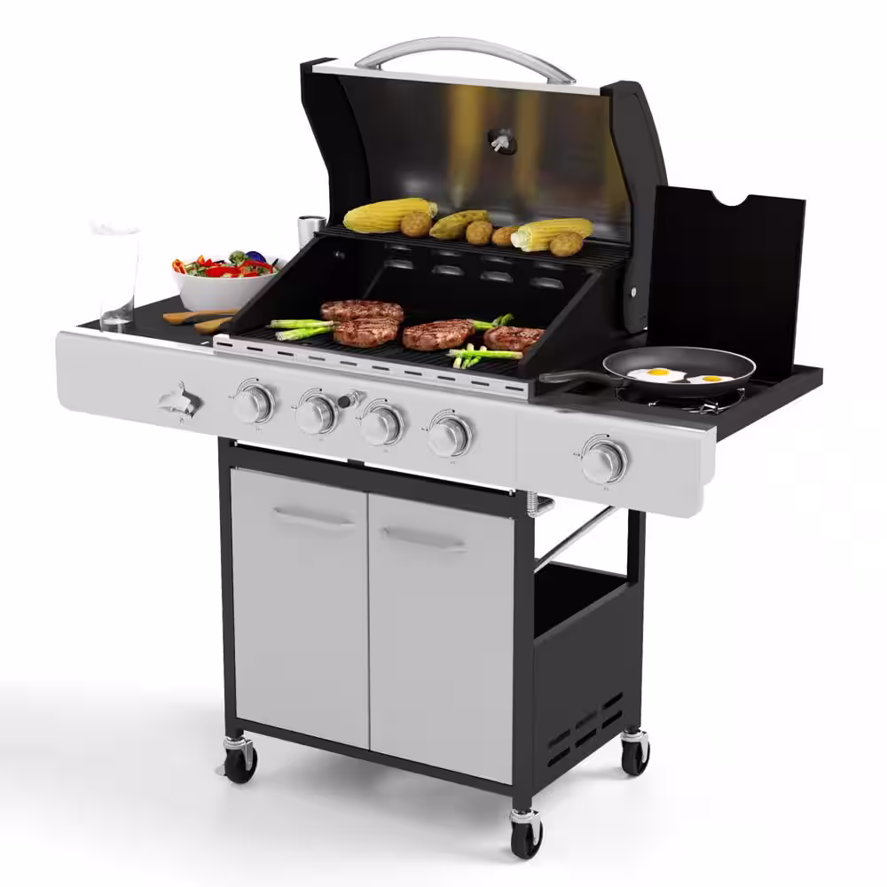 None 4-Burner Portable Propane Gas Grill in Stainless Steel with Side Burner and Fixed Side Tables
