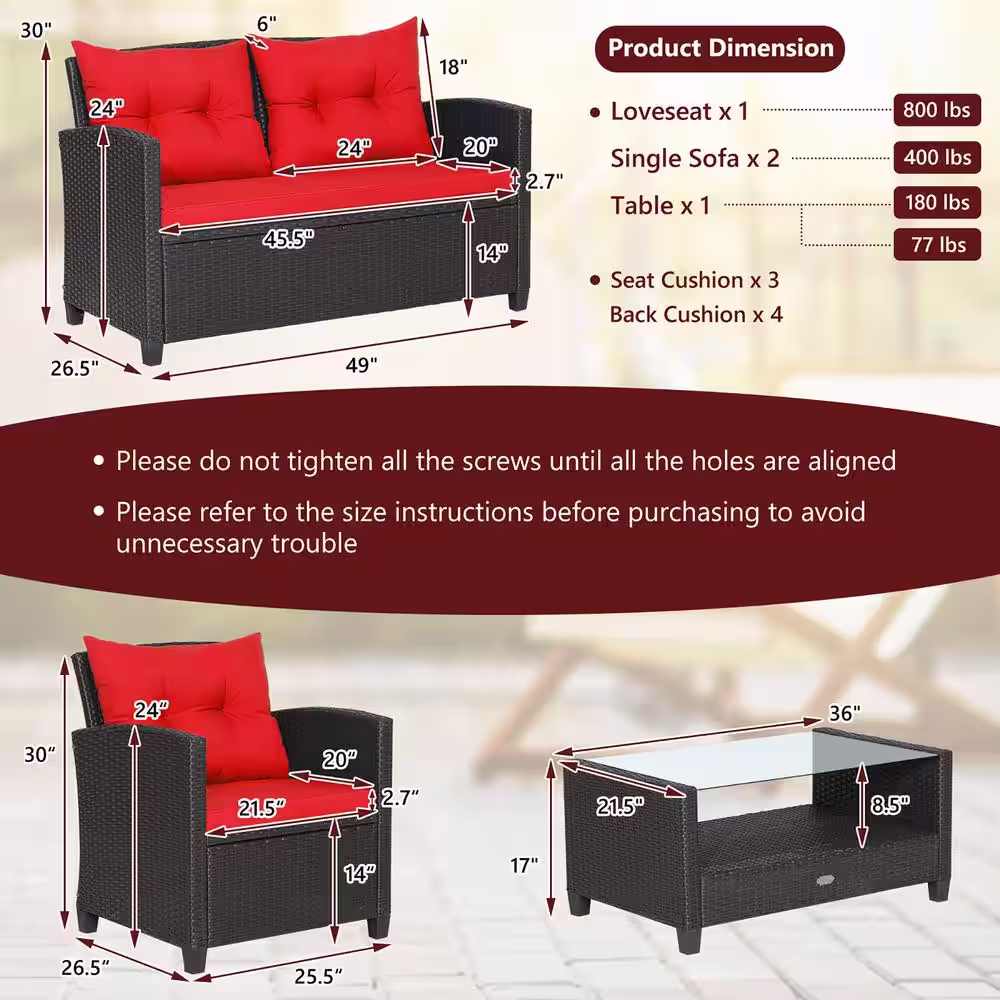 Costway 4 -Piece Patio Rattan Furniture Set Glass Table Shelf Sofa Cushion Red