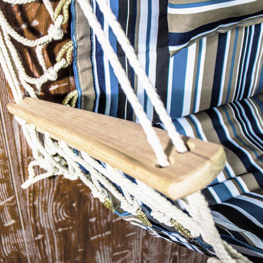 None 2.5 ft. Hammock Chair with Wooden Armrests in Blue and Tan Stripes