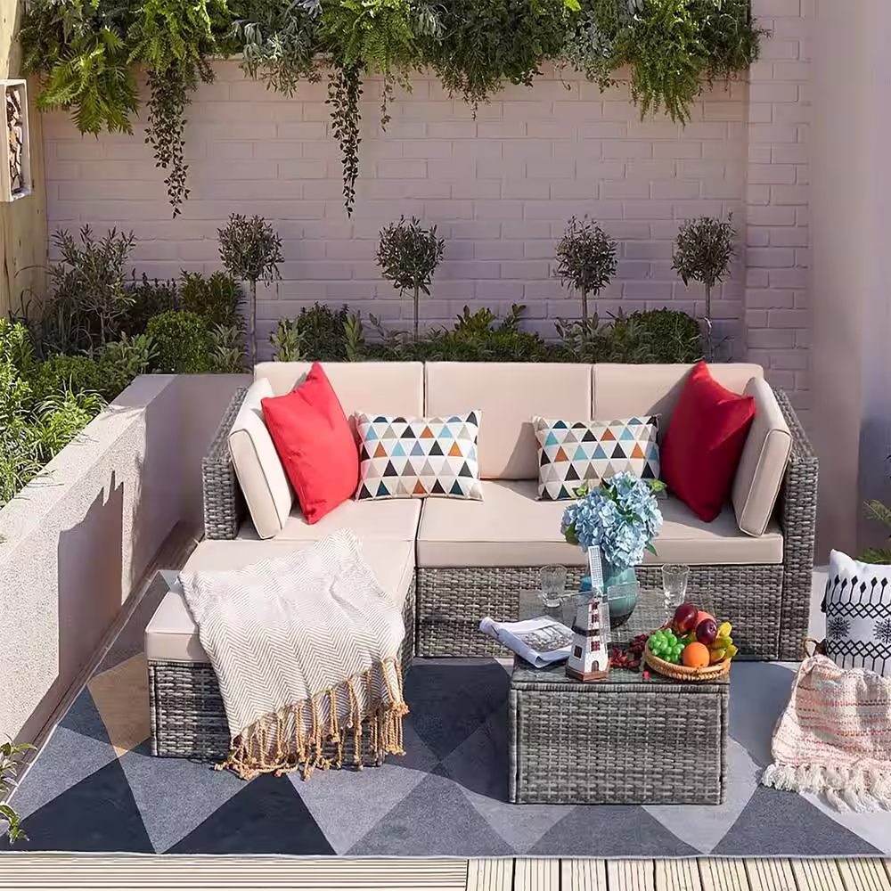 Tozey Gray 5-Pieces PE Wicker Patio Conversation Set, Outdoor Couch Sectional Set with Ottoman, Glass Table, Beige Cushions