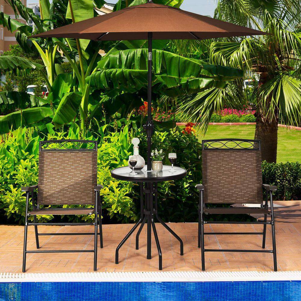 Alpulon Brown 3-Piece Metal Round Outdoor Bistro Set Patio Pub Dining Set with 2 Folding Chairs & Glass Table