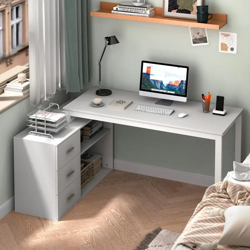 None 55.1 in. L-Shaped White Wood Computer Desk Writing Desk Office Executive Desk W/Removable Tabletop, Shelves, 3-Drawers