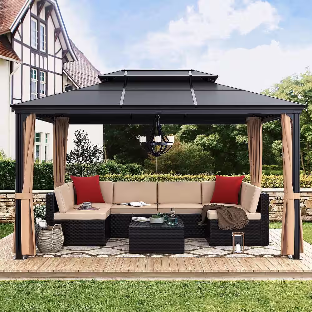 Tozey 10 ft. x 13 ft. Hardtop Polycarbonate Double Roof Aluminum Gazebos with Mosquito Nets and Curtains