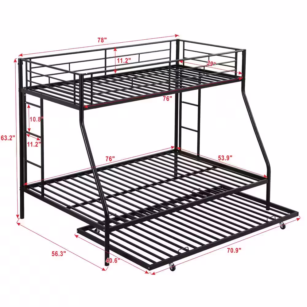 Harper & Bright Designs Black Twin Over Full Metal Bunk Bed with Twin Size Trundle