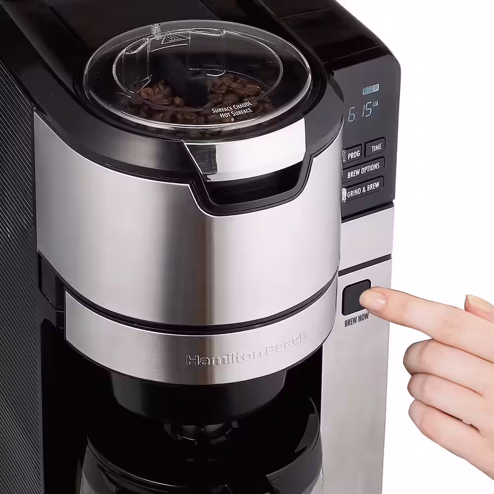 Hamilton Beach 10-Cup Black and Stainless Steel Drip Coffee Maker with Auto-Rising Coffee Grinder