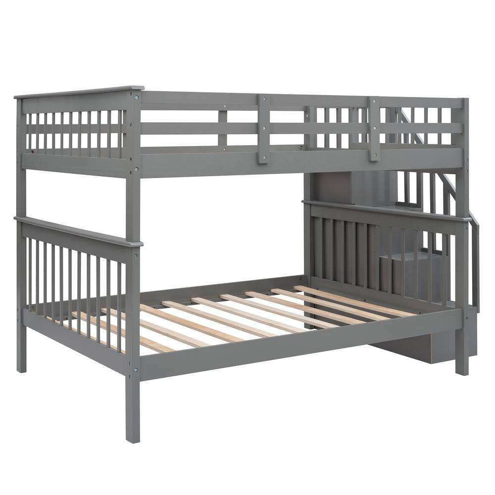 Qualler Gray Stairway Full-over-Full Size Bunk Bed with Storage and Guardrail