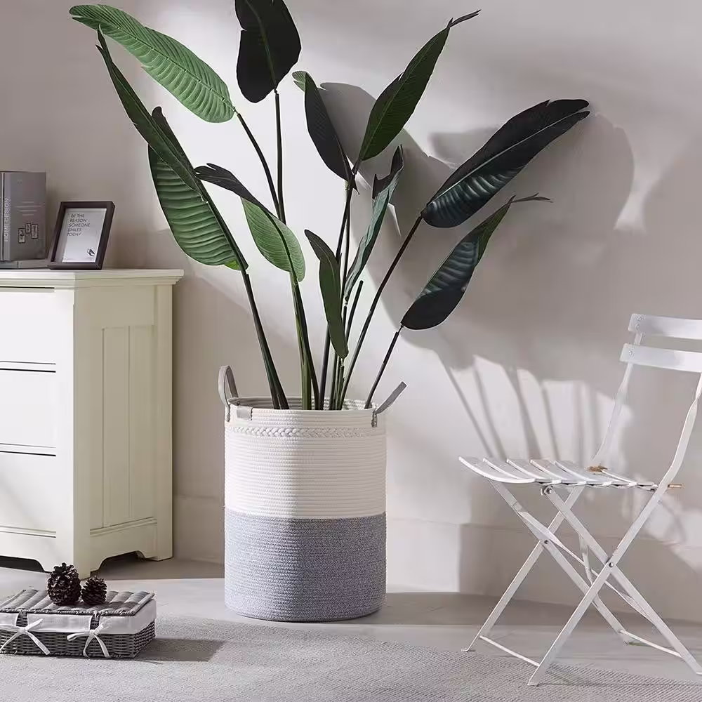 None 72L Cotton Laundry Basket Hamper White and Gray