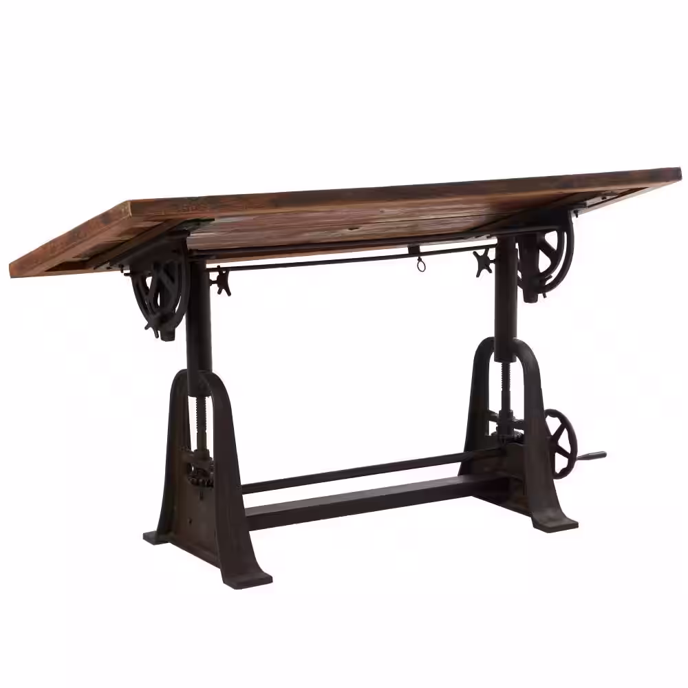 Litton Lane 30 in. Rectangle Brown Teak Wood Drafting Style Computer Desk with Tilting Top and Crank Height Adjustment