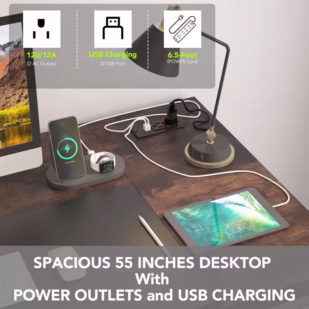 None Lantz 55.1 in. L-Shaped Desk Brown Engineered Wood 2-Drawers Executive Desk with File Cabinet