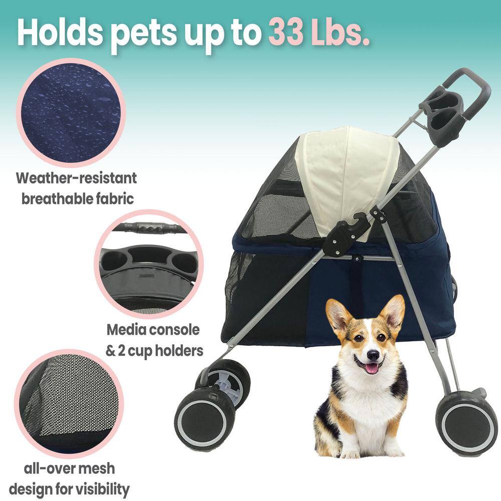Critter Sitters Single 4 Wheel Pet Stroller for Pets 33 Lbs. and Under, Blue