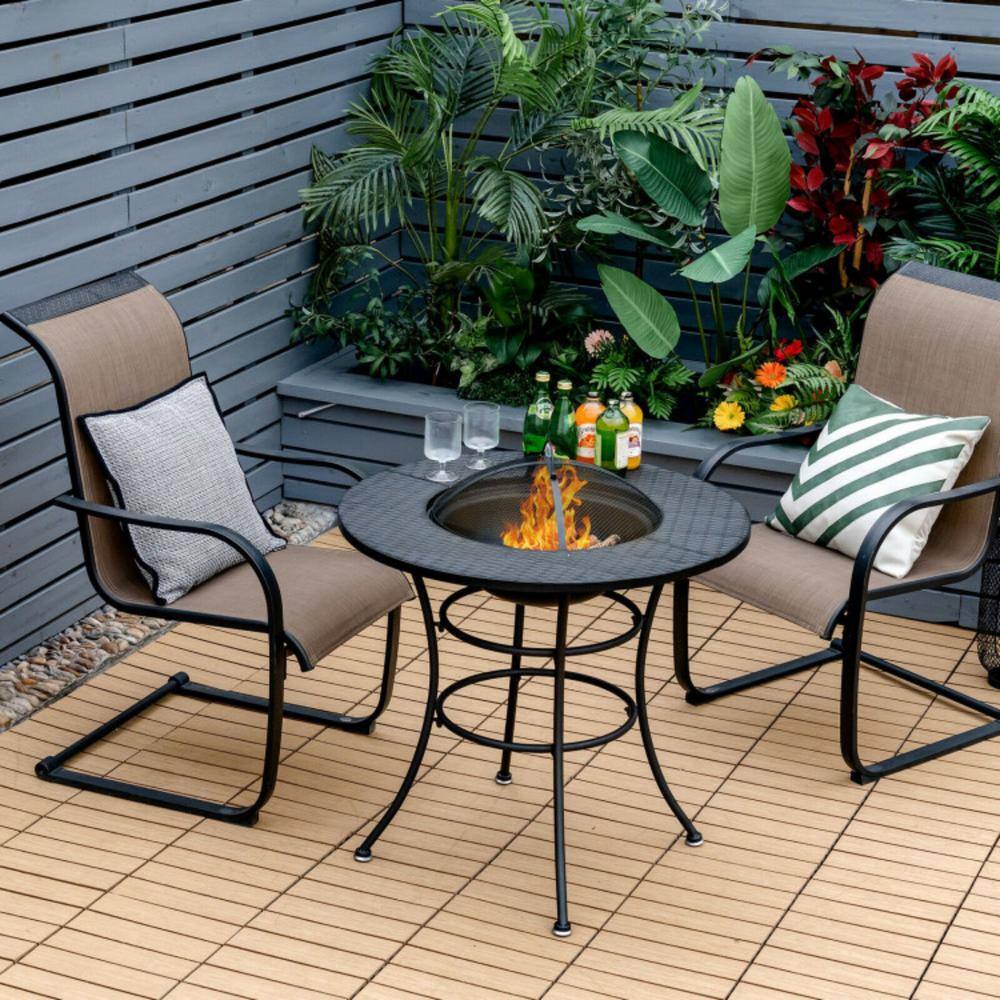 None 31.5 in. Black Metal Patio Fire Pit Table Outdoor Dining Table with Cooking BBQ Grate