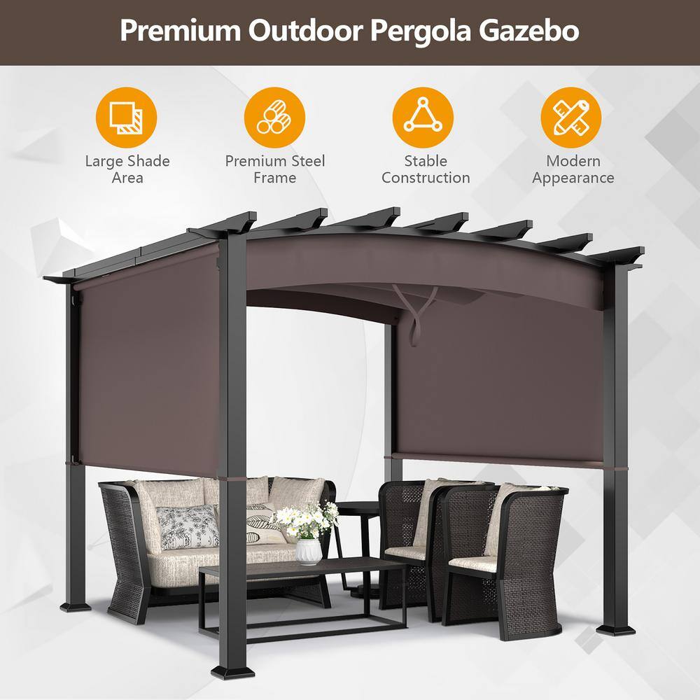 Costway 10 ft. x 10 ft. Brown Steel Patio Pergola Gazebo Sun Shade Shelter with Retractable Canopy