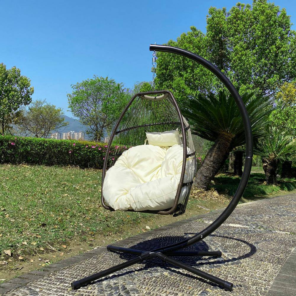 None 6.5 ft. Outdoor Indoor Freestanding White Rattan Swing Egg Chair Hammock With C-Shaped Bracket and Cushion
