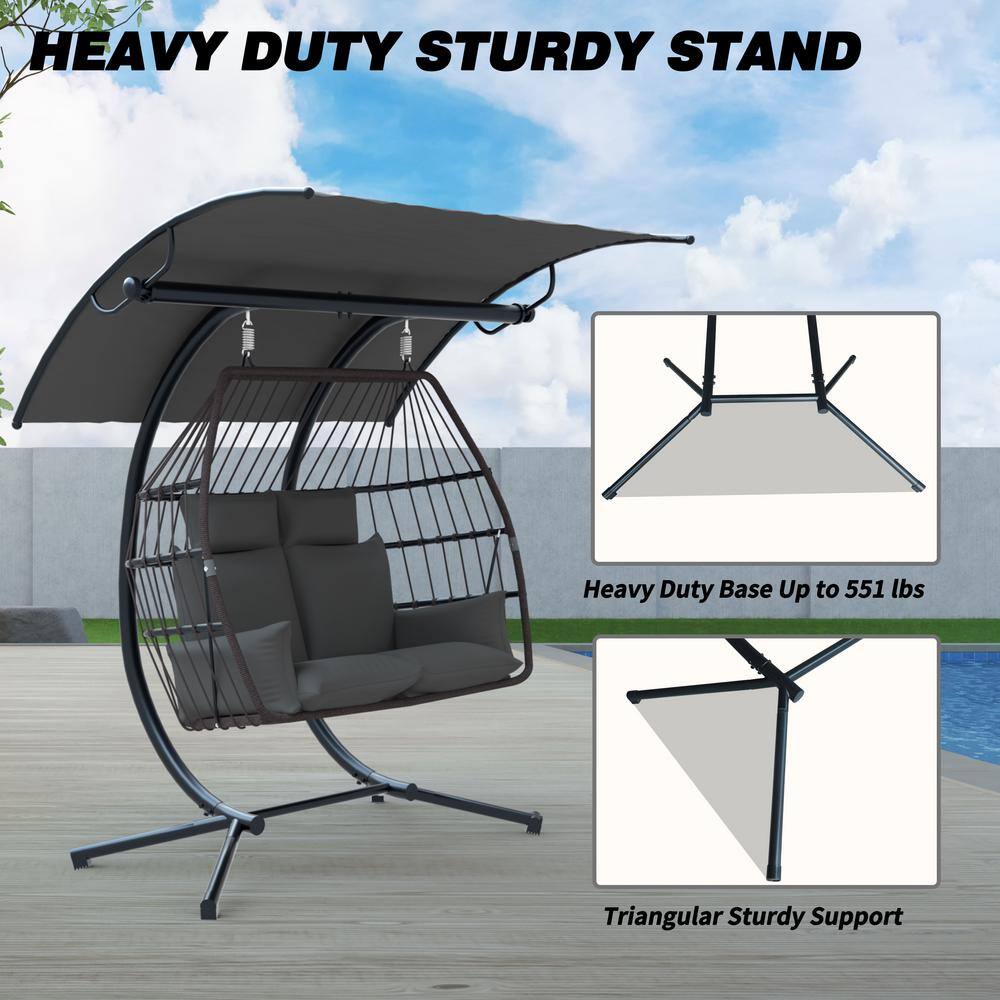 VEIKOUS 5.7 ft. X 3.7 ft. Base Free Standing 2-Person Hammock Chair Hanging Egg Chair with Stand, Awning and Cushions, Gray