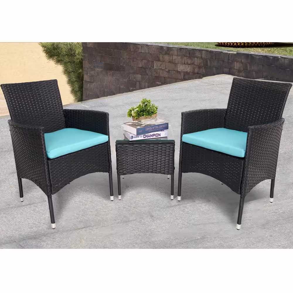 None 3-Piece Black Wicker Outdoor Bistro Set Outdoor Dining Set Patio Furniture Set with Lake Blue Cushion for Lawn Garden