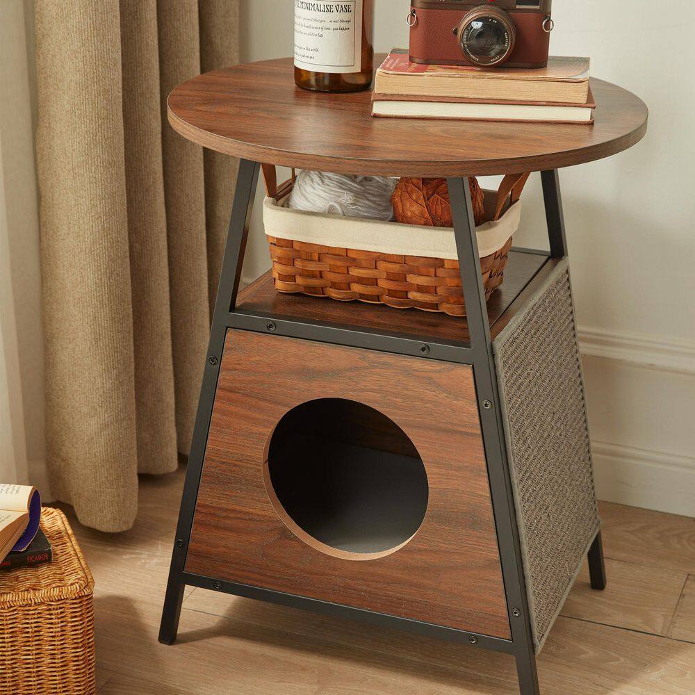 None Metal and Wood Pet Side Table Hidden Cat Room with Storage Shelf for Living Room in Dark Brown