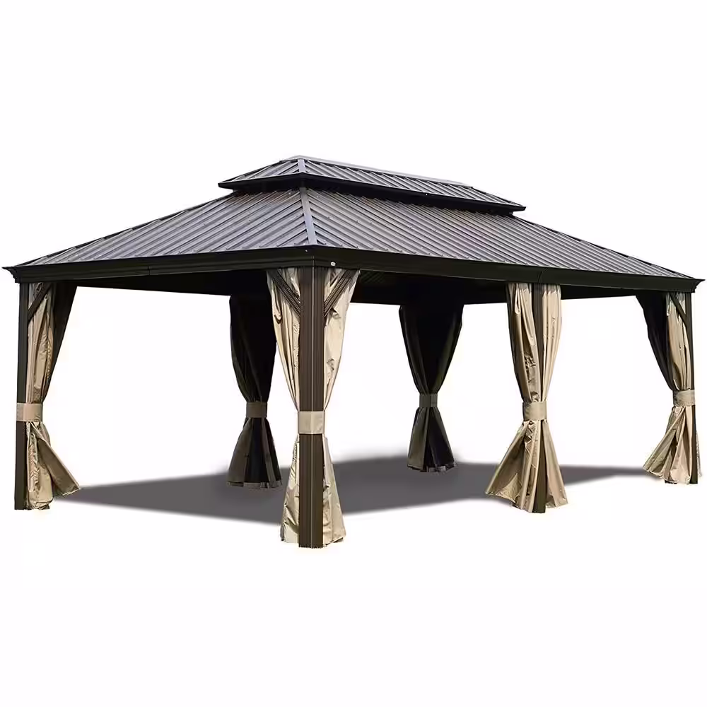 KOZYARD Alexander 12 ft. D x 10 ft. H x 20 ft. W Hardtop Double-Roof Aluminum Gazebo with Privacy Curtain and Mosquito Net