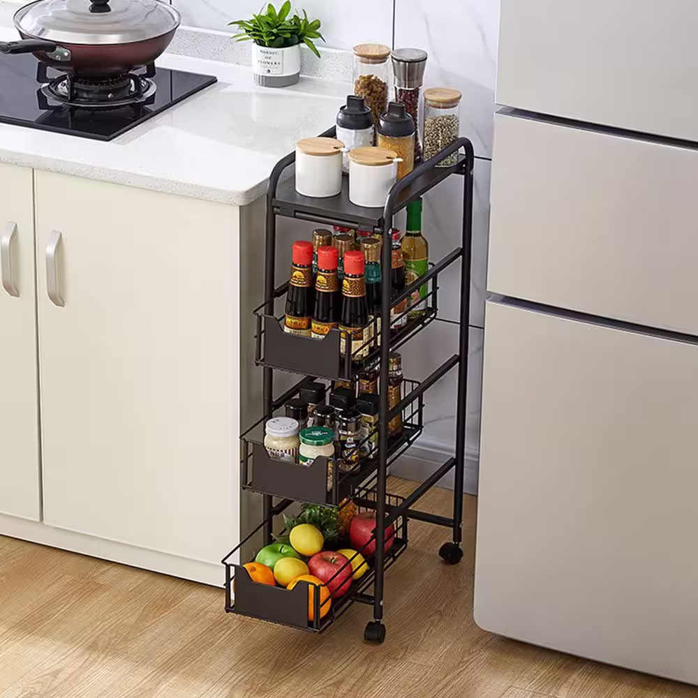 None Black Rolling 4-Tier Carbon Steel Shelving Unit (14.1 in. W x 33.4 in. H x 9.4 in. D)
