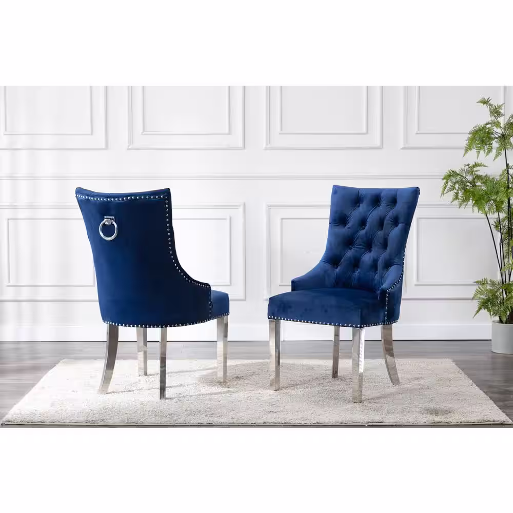 None Sam Navy Blue Velvet Stainless Steel Legs Chairs (Set of 2)