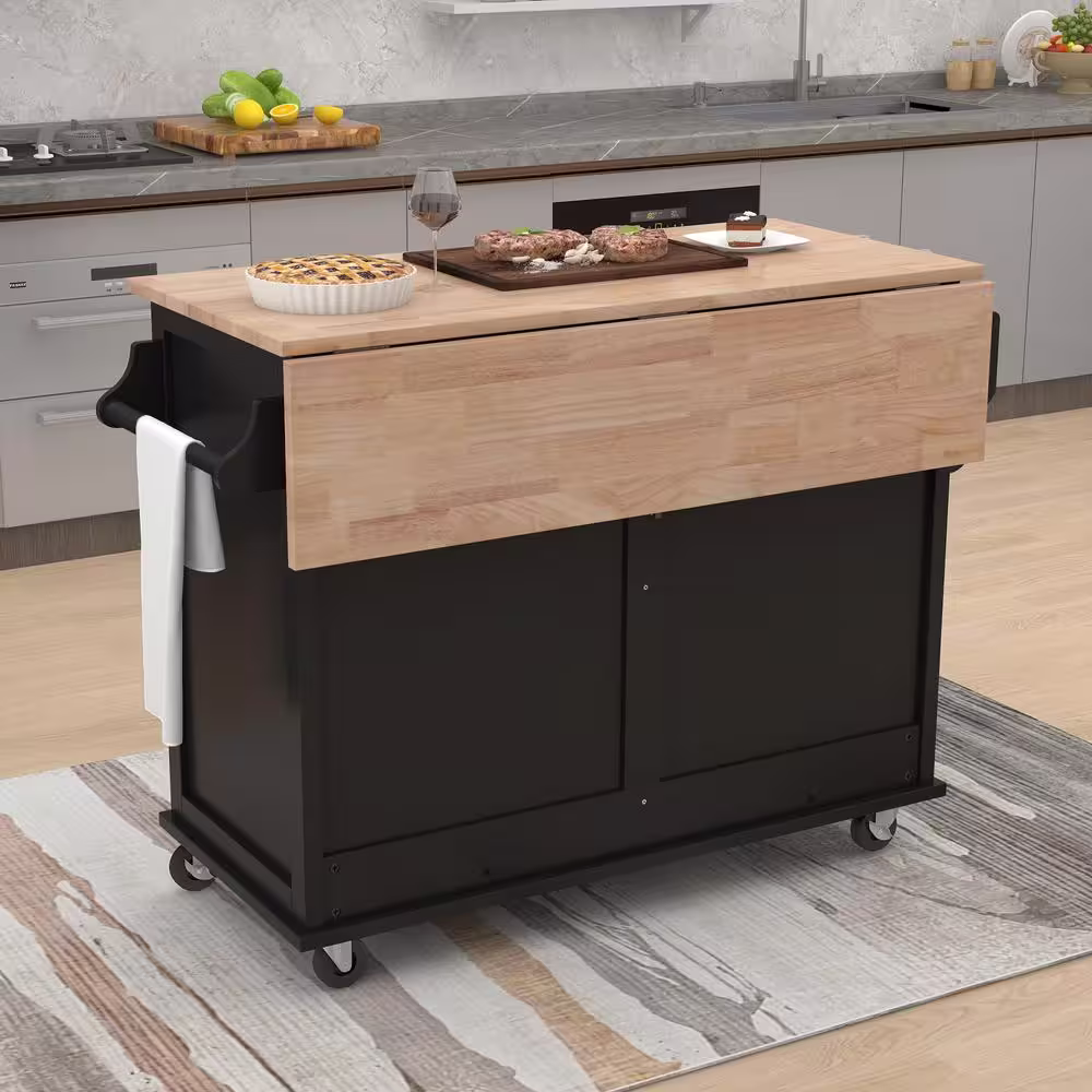 None Black Rubber Wood Top 52.2 in. W Kitchen Island on 4-Wheels with Sliding Barn Door and 2-Drawers