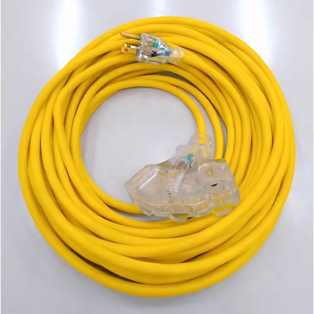 Husky 50 ft. 14/3 Medium Duty Indoor/Outdoor Extension Cord with Multiple Outlet Triple Tap Lighted End, Yellow