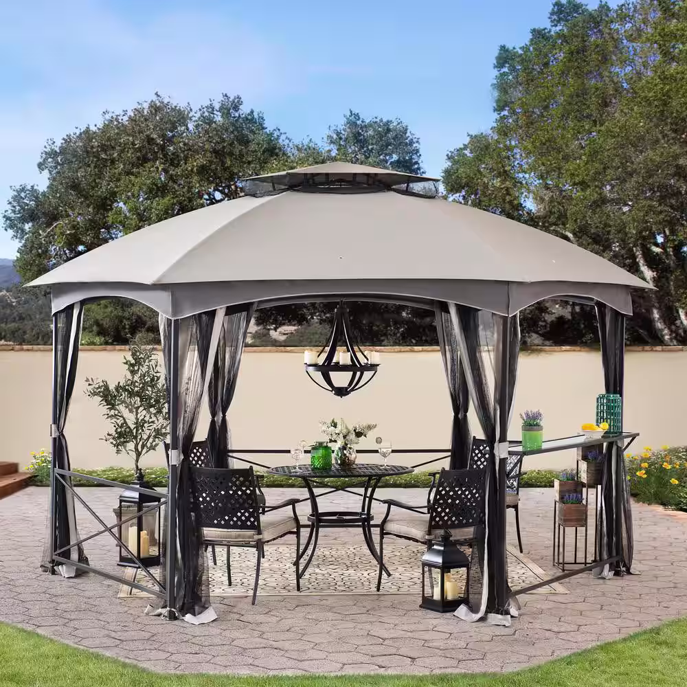 Sunjoy Alyssa 14.7 ft. x 14.7 ft. 2-Tone Gray Hexagon Steel Gazebo with 2-Tier Dome Roof