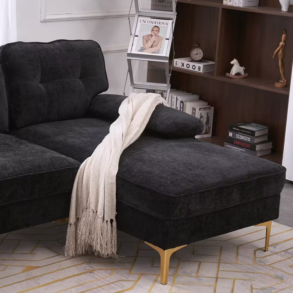 None 83 in. Wide Square Arm Chenille Mid-Century L-Shaped Sofa Black 3-Seats