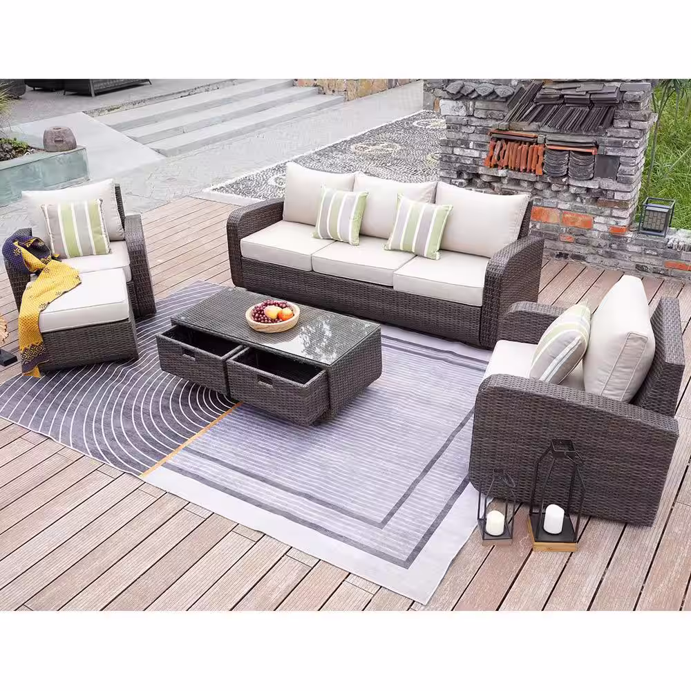 moda furnishings Archer Brown 5-Piece Wicker Patio Conversation Set with Beige Cushions