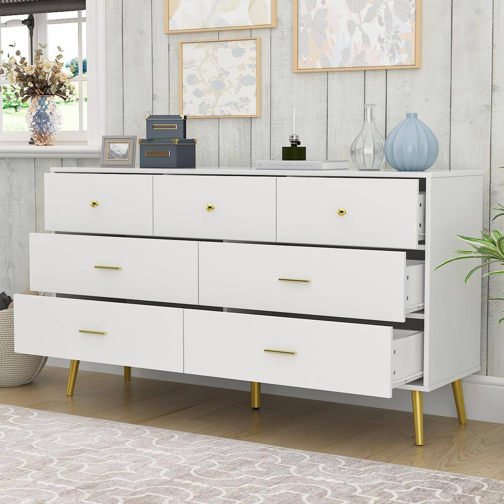 FUFU&GAGA 7-Drawer White Chest of Drawers, 31.5 in H-55.9 in W-15.7 in D