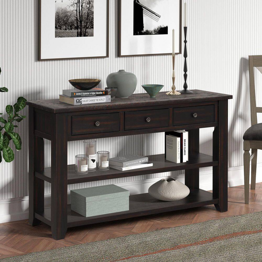 None 48 in. Black Rectangle Solid Pine Wood Top Console Table Entryway Sofa Side Table with 3 Storage Drawers and 2 Shelves