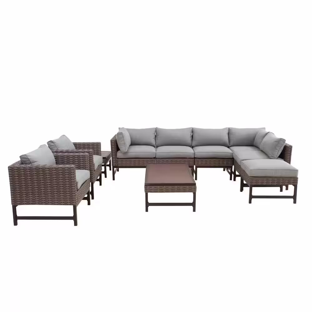 Patio Festival Right-Angle 10-Piece Wicker Patio Conversation Seating Set with Gray Cushions
