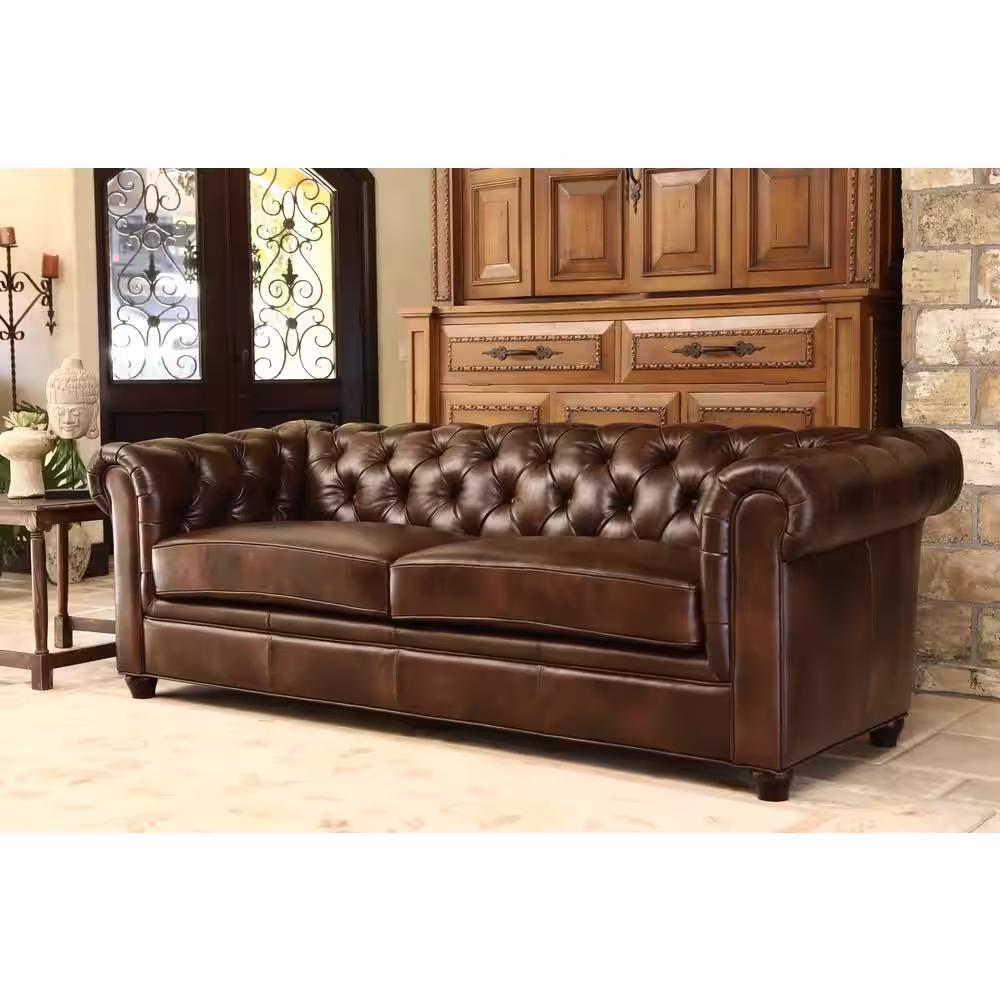 DEVONÂ &Â CLAIRE 84 in. W x 39 in. D x 30 in. H Tony Tufted Leather Sofa in Brown